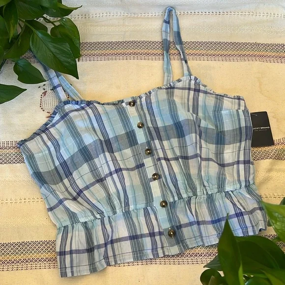 NEW Lucky Brand Women’s Plaid Front Button Down Peplum Ruffled Crop Tank, Size M - Picture 8 of 16